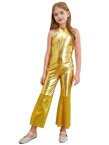 Kaerm 70er Jahre Kostüm Kinder Mädchen Disco Glitzer Jumpsuit Ärmellos Overall Metallic Ganzkörper Body Mit Pailletten Weites Bein 70er 80er Jahre Tanz Outfit Gold 146-152 von Kaerm