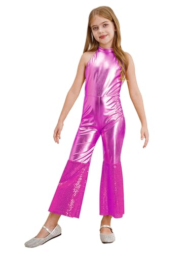 Kaerm 70er Jahre Kostüm Kinder Mädchen Disco Glitzer Jumpsuit Ärmellos Overall Metallic Ganzkörper Body Mit Pailletten Weites Bein 70er 80er Jahre Tanz Outfit Rosa 146-152 von Kaerm