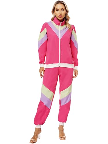 Kaerm 90er 80er Jahre Outfit Damen Trainingsanzug Langarm Jacke Mit Lang Hose Schlagerparty Bad Taste Anzug Gruppenkostüm Faschingkostüm Hot Pink S von Kaerm