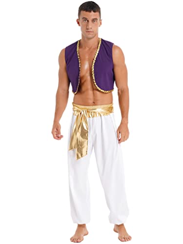 Kaerm Arabische Kostüm Herren Aladin Verkleidung Ärmellos Weste Mit Pailletten Golden Besatz Metallic Patchwork Haremshose Tanzhose Outfits Gold 3XL von Kaerm