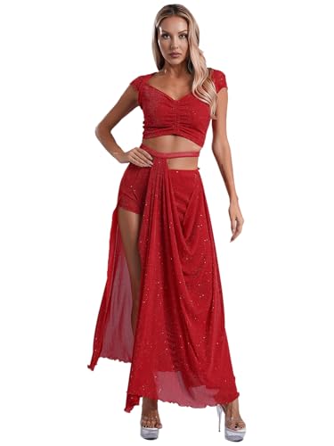 Kaerm Arabische Prinzessin Kostüm Damen Bauchtanz Outfit Kurzarm Tunika Bluse Bauchfrei Shirt Unregelmäßig Tanzrock Schlitz Chiffon Rock Dancewear Rot L von Kaerm