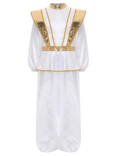 Kaerm Arabischer Prinz Kostüm Kinder Langarm Ganzkörperanzug Metallic Goldenbesatz Patchwork Overall Stehkragen Jumpsuit Rüschen Ganzanzug Kinderkostüm Weiß 146-152 von Kaerm