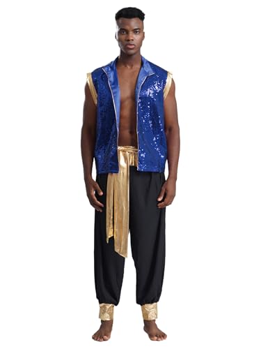 Kaerm Arabisches Kostüm Herren Indische Kleidung Pailletten Glitzer Weste Ärmellos Satin Mantel Mit Goldenbesatz Haremshose Leggings Faschingskostüm Blau Schwarz 3XL von Kaerm