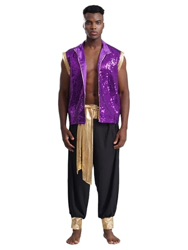 Kaerm Arabisches Kostüm Herren Indische Kleidung Pailletten Glitzer Weste Ärmellos Satin Mantel Mit Goldenbesatz Haremshose Leggings Faschingskostüm Lila & Schwarz 3XL von Kaerm