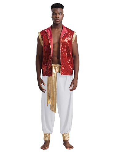 Kaerm Arabisches Kostüm Herren Indische Kleidung Pailletten Glitzer Weste Ärmellos Satin Mantel Mit Goldenbesatz Haremshose Leggings Faschingskostüm Rot-Weiss XL von Kaerm