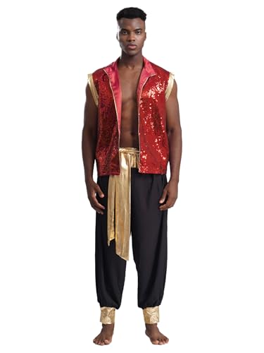 Kaerm Arabisches Kostüm Herren Indische Kleidung Pailletten Glitzer Weste Ärmellos Satin Mantel Mit Goldenbesatz Haremshose Leggings Faschingskostüm Rot schwarz L von Kaerm