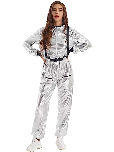 Kaerm Astronauten Kostüm Damen Fasching Karneval Weltraum Raumfahrer Anzug Langarm Metallic Overall Ganzkörper Jumpsuit Silvester Outfit Glitzer Silber 3XL von Kaerm