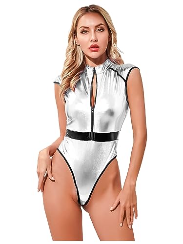 Kaerm Astronauten Kostüm Damen Metallic Body Fliegenärmel Overall Kurz Jumpsuit Stehkragen Turnanzug Ballettanzug Für Fasching Karneval Mottoparty Silber 3XL von Kaerm