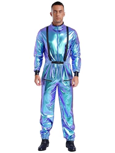 Kaerm Astronauten Kostüm Erwachsene Weltraum Anzug Herren Metallic Overall Langarm Jumpsuit Glitzer Raumfahrer Anzug Für Fasching Karneval Blau 3XL von Kaerm