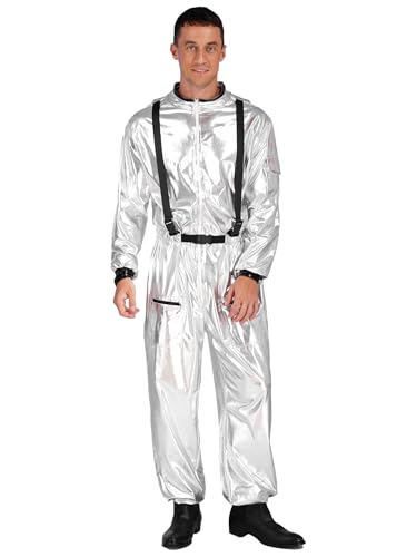 Kaerm Astronauten Kostüm Erwachsene Weltraum Anzug Herren Metallic Overall Langarm Jumpsuit Glitzer Raumfahrer Anzug Für Fasching Karneval Silber XXL von Kaerm