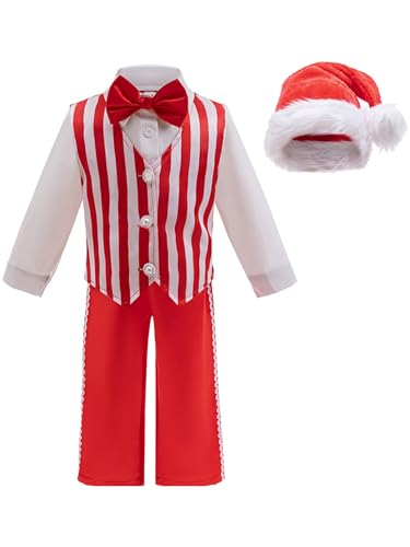 Kaerm Baby Junge Weihnachtskostüm Langarmhemd Mit Streifen Weste Anzughose Fellbesatz Nikolausmütze Weihnachtsfeier Outfit Rot 110-116 von Kaerm