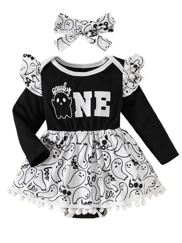 Kaerm Baby Mädchen My 1st Halloween Kostüm Langarm Cartoon Geister Print Strampler Kleid Rüschen Romper Mit Tutu Rock Stirnband 2tlg Herbst Outfits Schwarz 50-56 von Kaerm