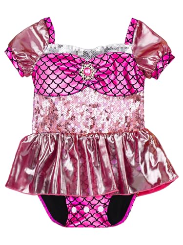 Kaerm Baby Meerjungfrau Kostüm Kinder Mädchen Pailletten Glitzer Strampler Kleid Kurzarm Partykleid Metallic Patchwork Body Mit Fischschuppen Print Süß Hot Pink 104-110 von Kaerm