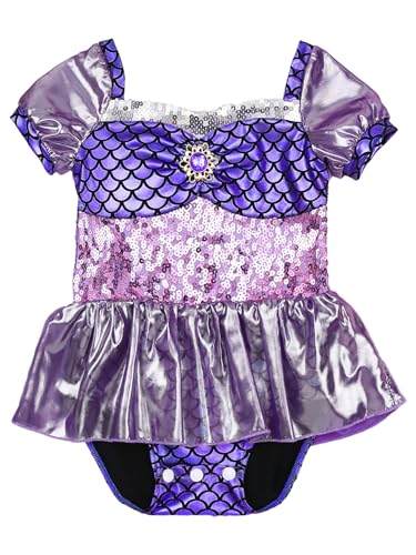 Kaerm Baby Meerjungfrau Kostüm Kinder Mädchen Pailletten Glitzer Strampler Kleid Kurzarm Partykleid Metallic Patchwork Body Mit Fischschuppen Print Süß Violett 104-110 von Kaerm