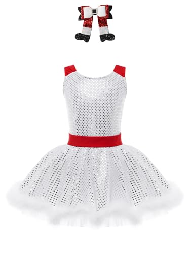 Kaerm Ballerinas Kleid Mädchen Kinder Weihnachten Tanzkostüm Pailletten Glitzer Ballettanzug Federbesatz Tanzkleid Tutu Mit Schleife Stirnband Dancewear Weiß 116 von Kaerm