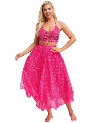 Kaerm Bauchtanz Kostüm Damen Kleid Pailletten BH Oberteil Quasten Kurz Tanz Top Mit Glitzer Sterne Tanzrock Tüllschicht Maxirock Für Fasching Karneval Hot Pink Einheitsgröße von Kaerm