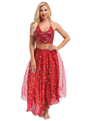 Kaerm Bauchtanz Kostüm Damen Kleid Pailletten BH Oberteil Quasten Kurz Tanz Top Mit Glitzer Sterne Tanzrock Tüllschicht Maxirock Für Fasching Karneval Rot Einheitsgröße von Kaerm