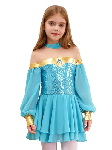 Kaerm Bauchtanz Kostüm Kinder Mädchen Aladin Kleid Pailletten Glitzer Tanzkleid Langarm Metallic Patchwork Ballettkleid Für Fasching Karneval Mottoparty Hellblau 122-128 von Kaerm