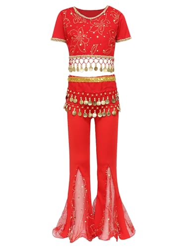 Kaerm Bauchtanz Kostüm Mädchen Bollywood Outfit kinder Kurzarm Oberteil bauchfrei Top Pailletten Quasten Schlaghose Ausgestellte Leggings Tanzkostüm Rot 104-110 von Kaerm