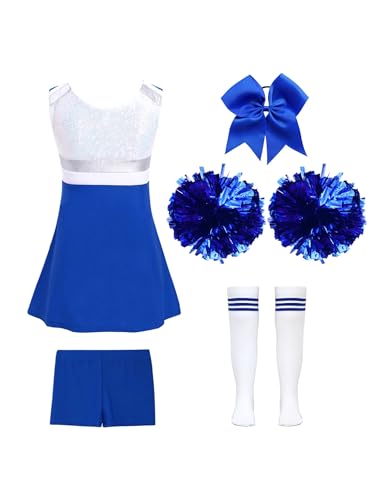 Kaerm Cheer Leader Kostüm Kinder Mädchen Ärmellos Metallic Kleid Mit Pompoms Socken Haarband Und Shorts Cheerleading Training Outfit Für Karneval Halloween A Königsblau 98-104 von Kaerm