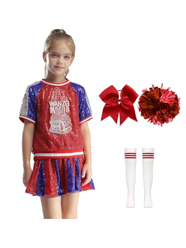 Kaerm Cheer Leader Outfit Kinder Mädchen Pailletten Kurzarm Oberteil + Mini Faltenrock + Shorts + Pompons + Haarband + Streifen Strümpfe 6tlg Dancewear Rot 122-128 von Kaerm