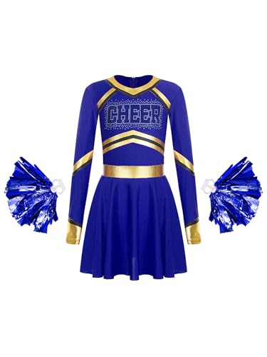 Kaerm Cheerleaderin Kostüm Kinder Mit Pompons Mädchen Metallic Patchwork Tanzkleid Langarm A Linien Faltenkleid CHEER Print Sportkleid Dancewear Blau 146-152 von Kaerm