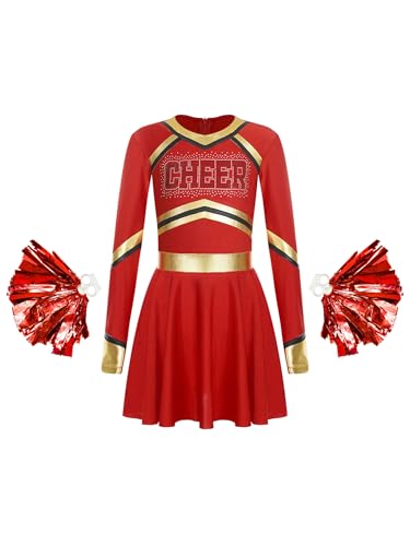 Kaerm Cheerleaderin Kostüm Kinder Mit Pompons Mädchen Metallic Patchwork Tanzkleid Langarm A Linien Faltenkleid CHEER Print Sportkleid Dancewear Rot 158-164 von Kaerm