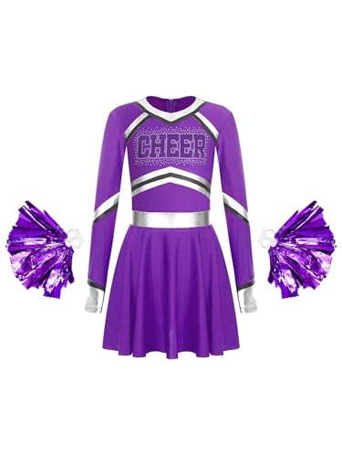 Kaerm Cheerleaderin Kostüm Kinder Mit Pompons Mädchen Metallic Patchwork Tanzkleid Langarm A Linien Faltenkleid CHEER Print Sportkleid Dancewear Violett 134-140 von Kaerm