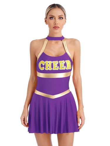 Kaerm Cheerleading Kostüm Damen High School Uniform Ärmellos Schulmädchen Kleid Neckholder Faltenkleid Buchstaben Print Partykleid Tanz Outfit Violett XL von Kaerm