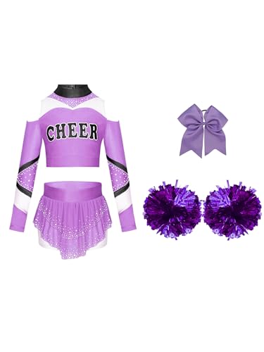 Kaerm Cheerleading Kostüm Kinder Mädchen Langarm Tanz Top + Strass Glitzer Minirock + Schleife Stirnband + Pompons 4tlg Dancewear Helles Lila 110-116 von Kaerm