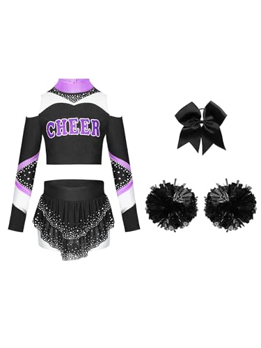 Kaerm Cheerleading Kostüm Kinder Mädchen Langarm Tanz Top + Strass Glitzer Minirock + Schleife Stirnband + Pompons 4tlg Dancewear Schwarz 134-140 von Kaerm