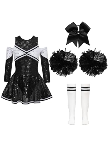 Kaerm Cheerleading Kostüm Mädchen Langarm Kleid Pailletten Glitzer Tanzkleid Mit Haarband Pompons Stümpfe 4tlg High School Uniform Faschingskostüm A Weiß&Schwarz 146-152 von Kaerm