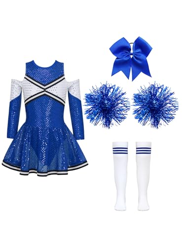 Kaerm Cheerleading Kostüm Mädchen Langarm Kleid Pailletten Glitzer Tanzkleid Mit Haarband Pompons Stümpfe 4tlg High School Uniform Faschingskostüm B Blau 122-128 von Kaerm