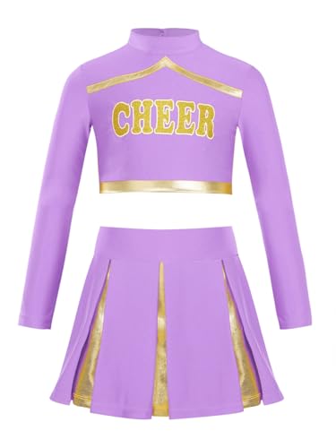 Kaerm Cheerleading Training Outfit Kinder Mädchen Metallic Patchwork Oberteil Langarm Kurz Tanz Top Mit Faltenrock A Linien Skater Rock Tanzkleidung Helles Lila 110-116 von Kaerm