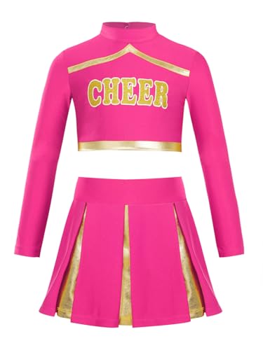 Kaerm Cheerleading Training Outfit Kinder Mädchen Metallic Patchwork Oberteil Langarm Kurz Tanz Top Mit Faltenrock A Linien Skater Rock Tanzkleidung Hot Pink 146-152 von Kaerm