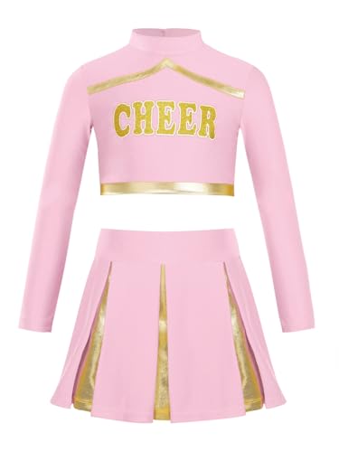 Kaerm Cheerleading Training Outfit Kinder Mädchen Metallic Patchwork Oberteil Langarm Kurz Tanz Top Mit Faltenrock A Linien Skater Rock Tanzkleidung Rosa 122-128 von Kaerm