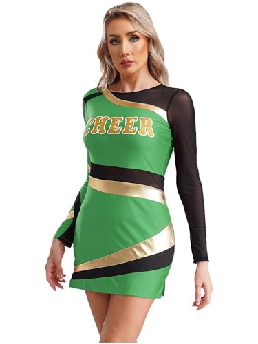 Kaerm Cheerleading Uniform Kleid Damen Langarm Metallic Glitzer Partykleid Streifen Patchwork Bleistiftkleid CHEER Print Abendkleid Gr. S-XXL Grün M von Kaerm