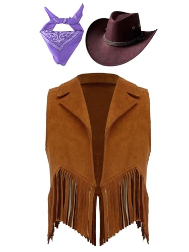 Kaerm Cowboy Kostüm Kinder Jungen Mädchen Western Cowgirl Cosplay Fransenweste Mit Hut Halstuch Boho Outfit Für Karneval Fasching Braun&Lila 110-116 von Kaerm