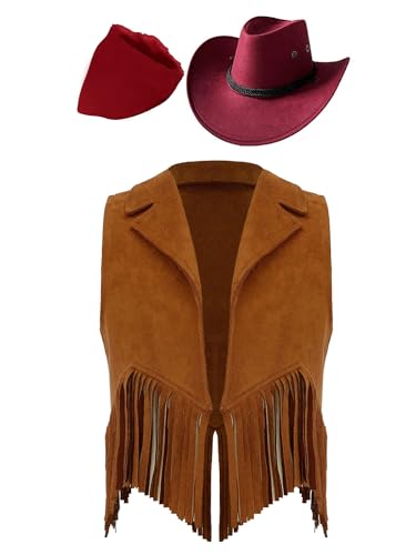 Kaerm Cowboy Kostüm Kinder Jungen Mädchen Western Cowgirl Cosplay Fransenweste Mit Hut Halstuch Boho Outfit Für Karneval Fasching Braun&Rot 110-116 von Kaerm