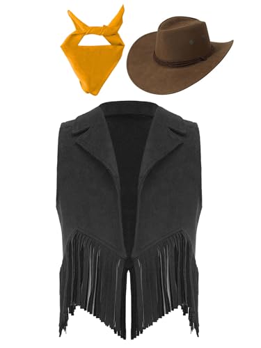 Kaerm Cowboy Kostüm Kinder Jungen Mädchen Western Cowgirl Cosplay Fransenweste Mit Hut Halstuch Boho Outfit Für Karneval Fasching Schwarz Gelb 110-116 von Kaerm