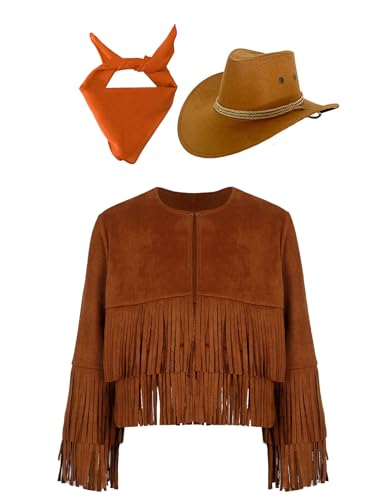 Kaerm Cowgirl Kostüm Kinder Mädchen Fransenjacke Lederoptik Quasten Jacke Mit Westernhut Bandana Kopftuch Hippie Boho Outfit Faschingkostüm Braun und Orange 122-128 von Kaerm