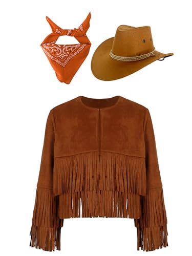 Kaerm Cowgirl Kostüm Kinder Mädchen Fransenjacke Lederoptik Quasten Jacke Mit Westernhut Bandana Kopftuch Hippie Boho Outfit Faschingkostüm Braun und Orange 122-128 von Kaerm