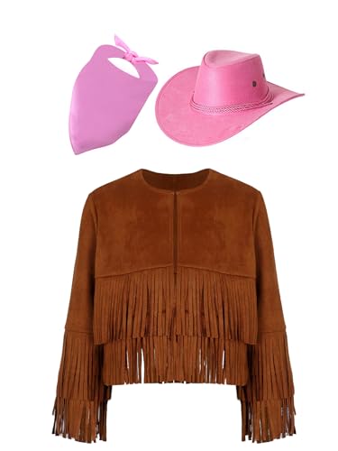 Kaerm Cowgirl Kostüm Kinder Mädchen Fransenjacke Lederoptik Quasten Jacke Mit Westernhut Bandana Kopftuch Hippie Boho Outfit Faschingkostüm Braun und Rosa 134-140 von Kaerm