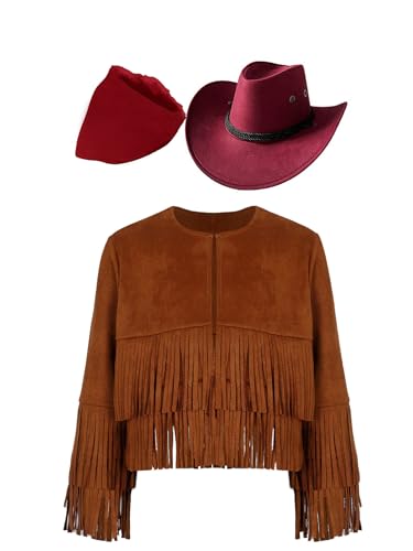 Kaerm Cowgirl Kostüm Kinder Mädchen Fransenjacke Lederoptik Quasten Jacke Mit Westernhut Bandana Kopftuch Hippie Boho Outfit Faschingkostüm Braun&Rot 134-140 von Kaerm