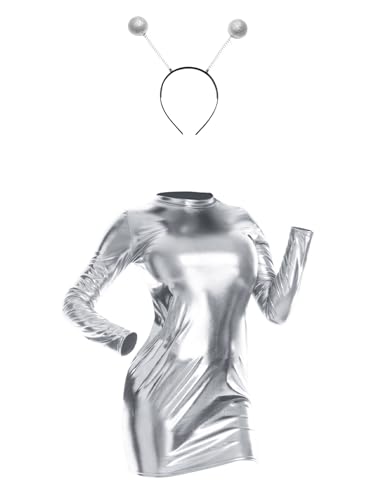 Kaerm Damen Alien Kostüm Langarm Metallic Kleid + Alien Haarband 2tlg Space Girl Travel Outfit Für Fasching Karneval Mottoparty B Silber M von Kaerm