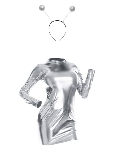 Kaerm Damen Alien Kostüm Glänzed Metallic Wetlook Kleider + Haarband 2tlg Set Fasching Karneval Mottoparty Verkleidung B Silber XL von Kaerm