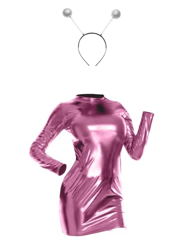 Kaerm Damen Alien Kostüm Glänzed Metallic Wetlook Kleider + Haarband 2tlg Set Fasching Karneval Mottoparty Verkleidung Rosa L von Kaerm