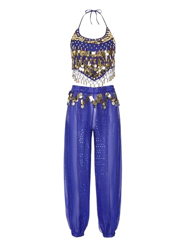 Kaerm Damen Araberin Orientalische Kleidung Neckholder Pailletten Shirt + Quasten Tanzhose 2tlg Tanzkostüm Blau Einheitsgröße von Kaerm