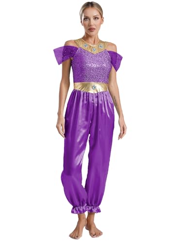 Kaerm Damen Arabische Prinzessin Kostüm Pailletten Overall Lang Jumpsuit Halloween Karneval Party Cosplay Kostüm Bauchtanz Outfit Gr. S-4XL Violett 4XL von Kaerm