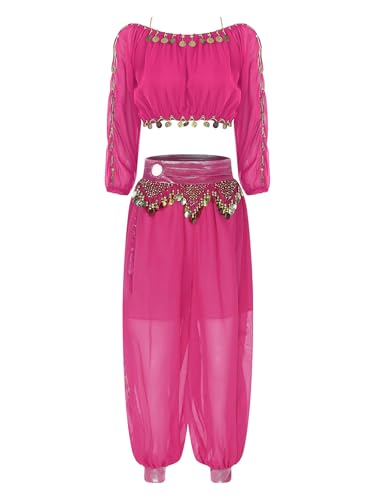 Kaerm Damen Bauchtanz Kostüm Kurzarm Bauchfrei Oberteil Langarm Pailletten Tanz Top Mit Metallkette Haremshose Locker Tanzhose Dancewear Hot Pink Einheitsgröße von Kaerm